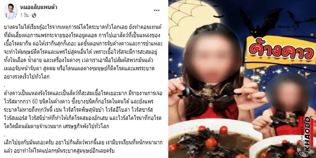 ขนลุกขนพอง! สยองกินไปได้ไง? กรณี ครูสาวกินค้างคาว "หมอแล็บแพนด้า" เปิดเผยสัตว์ชนิดนี้สะสมเชื้อโรค-เชื้อไวรัส 60 ชนิด